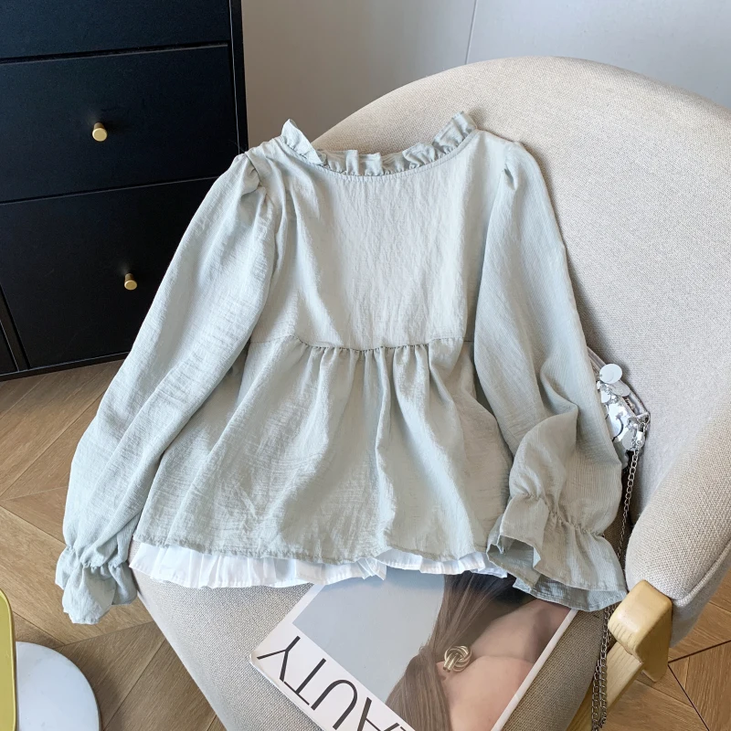 Süße japanische koreanische Modebluse, gefälschtes zweiteiliges Hemd mit Spitzenrüschenkragen und Fliege, lange Ärmel, schmale Passform, niedliche Oberteile 2025,