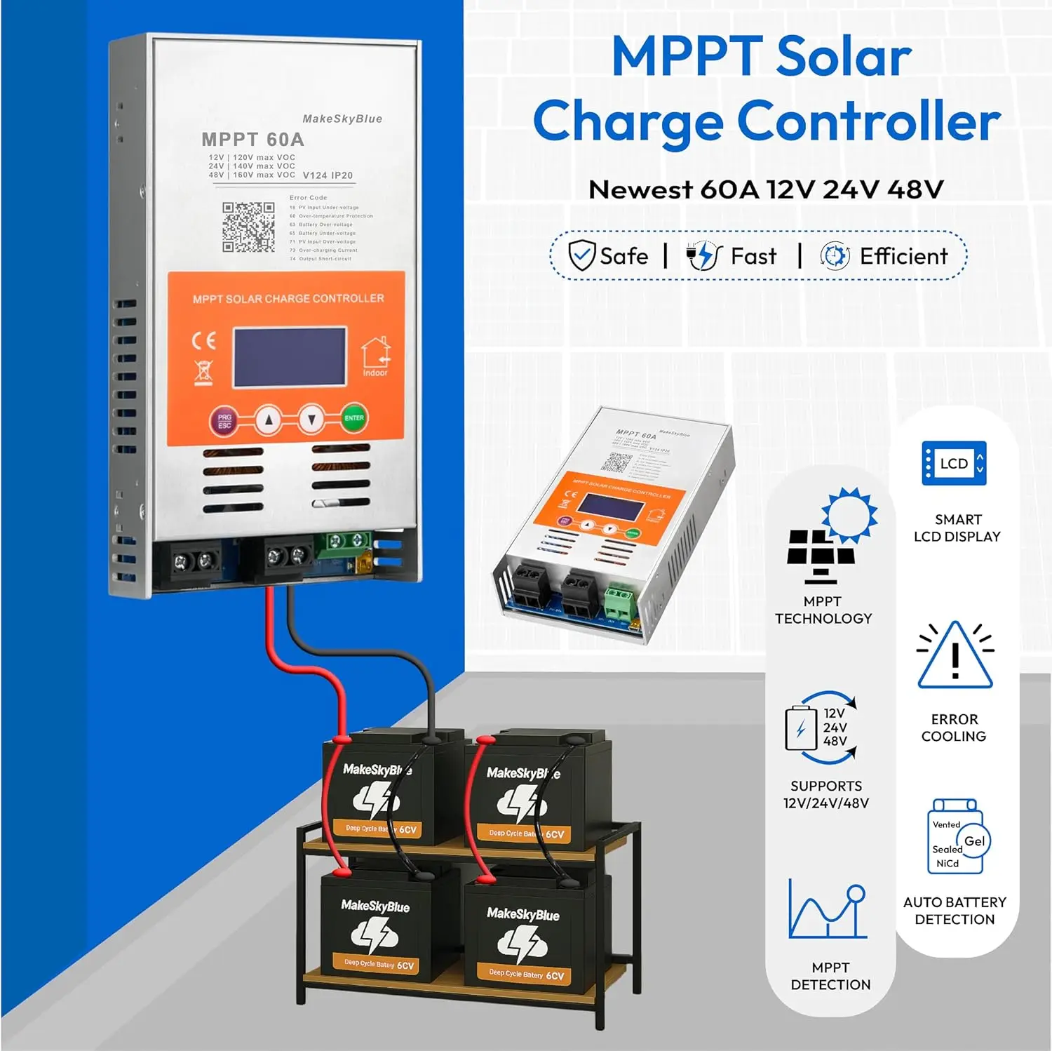 1pc Premium 60A MPPT Solar Charge Controller V124, Upgraded, 12V/24V/48V Auto, 160V PV Input, Lead-Acid & Lithium Compatible