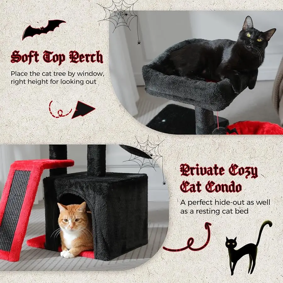 برج شجرة القطط القوطية من PETEPELA للقطط الداخلية، شقة برج القطط الصغيرة مقاس 31.5 بوصة مع منحدر خدش من السيزال، أرجوحة مريحة وإزالة #4