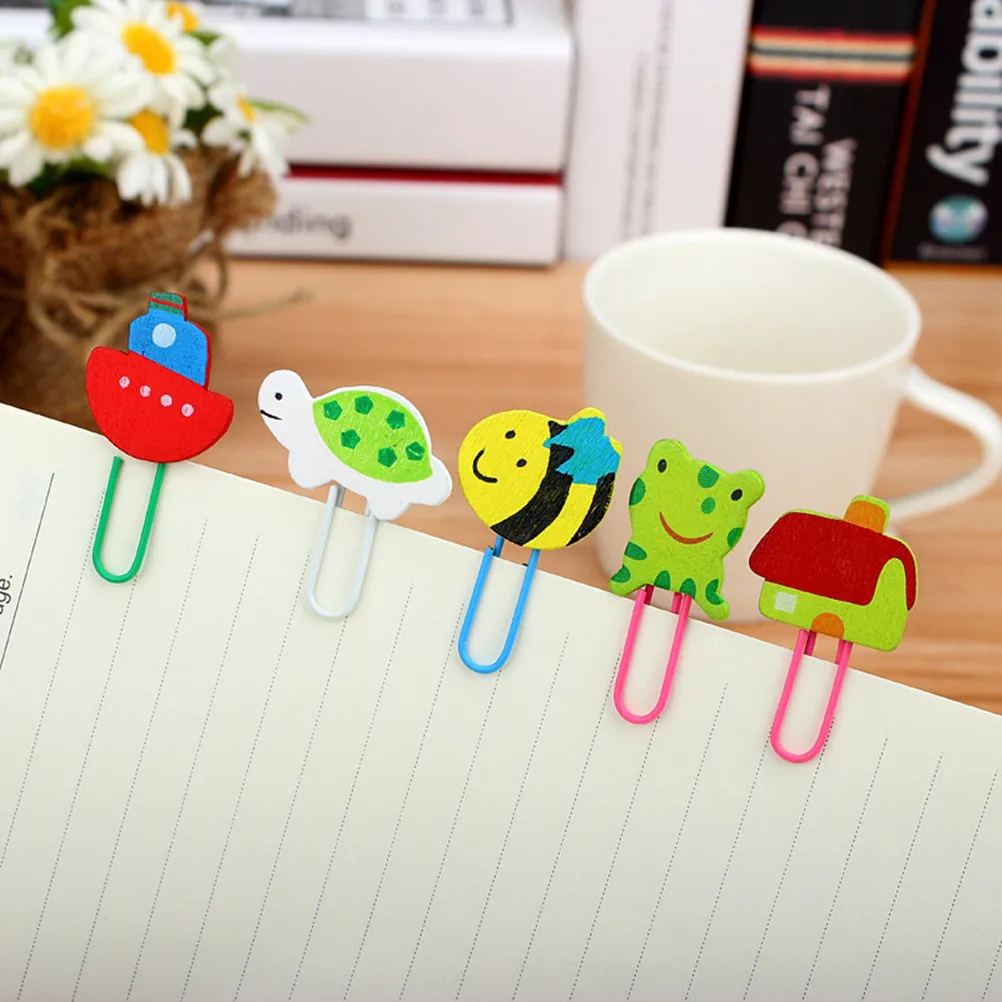 

24pcs Wooden Paper Clips Cartoon Animal Design Note Markers Bookmarks File Organizers Gift Stationery Wood Clips For