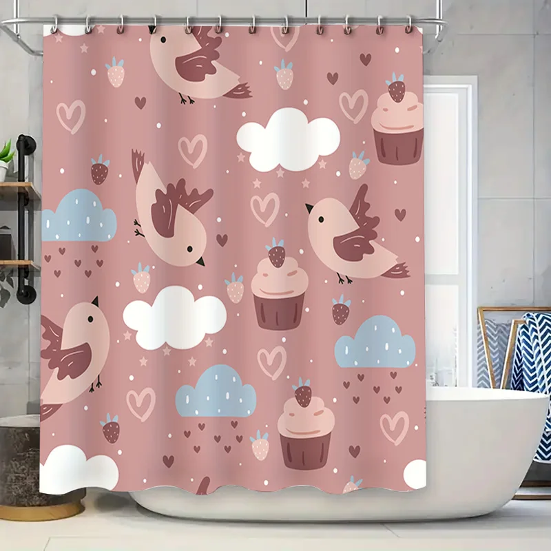 

Modern Bathroom Shower Curtain Decor Cute Birds Cupcakes Clouds Love Heart Print Pink Waterproof Polyester Fabric Bath Rug Set F