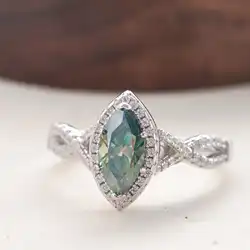 1CT Horse eyes Blue Green Moissanite Ring S925 Sterling Silver Luxury Wedding Band for Women GRA Certified Pass Tester
