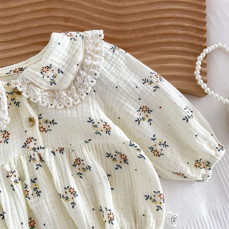 Autumn Spring Children Clothes Korean Style Climbing Suit Long Sleeved Cotton Floral Printing Newborn Baby Girls Bodysuits+Hat