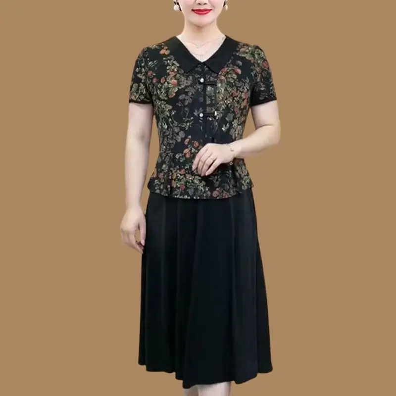 

Cleanfit Midlife Women's Short Sleeve Dress Belly Concealing Fashionable Mommy Short Sleeve Ladies Fake Two-Piece Skirts