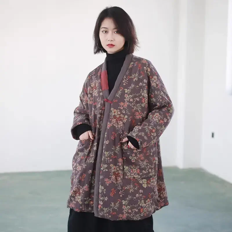 Women Long Coat Chinese Style Full Cotton V-Neck Solid Thick Winter Casual Single Button Vintage Women Long Coat Quilted Coats