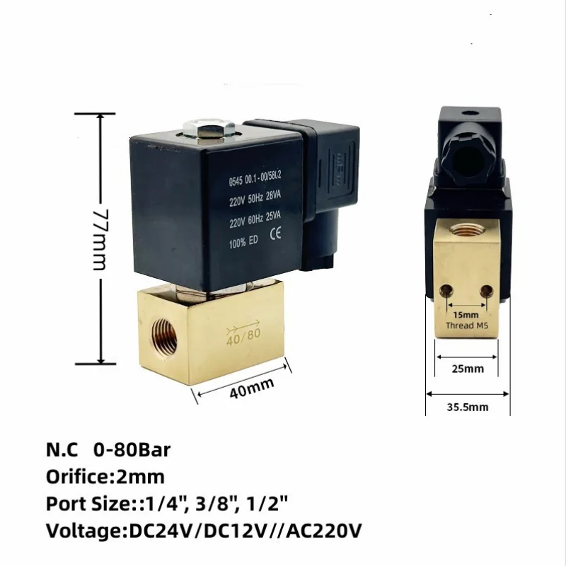 

80bar High Pressure Solenoid Valve 2 Way 1/4 3/8 1/2 BSP 12V 24V DC AC220V Normal Close JT22-02 Direct Acting Brass Valve
