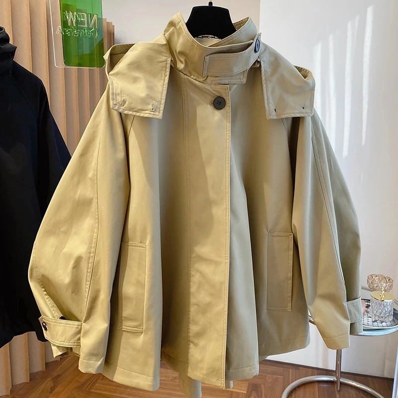 

High-grade Femme Long Sleeve Jacket Spring Autumn Women Casual Loose Hooded Windbreaker Zipper Leisure Trench Coat With Lined