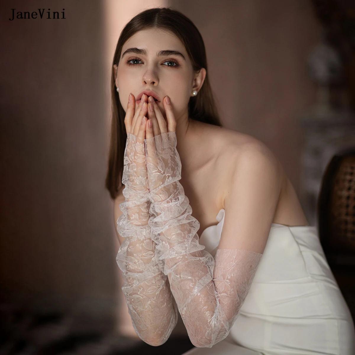 JaneVini 2024 Elegant Ivory Bridal Gloves Fingerless 55cm Long Lace Hollow Tulle Gloves Women\'s Wedding Dress Party Accessories