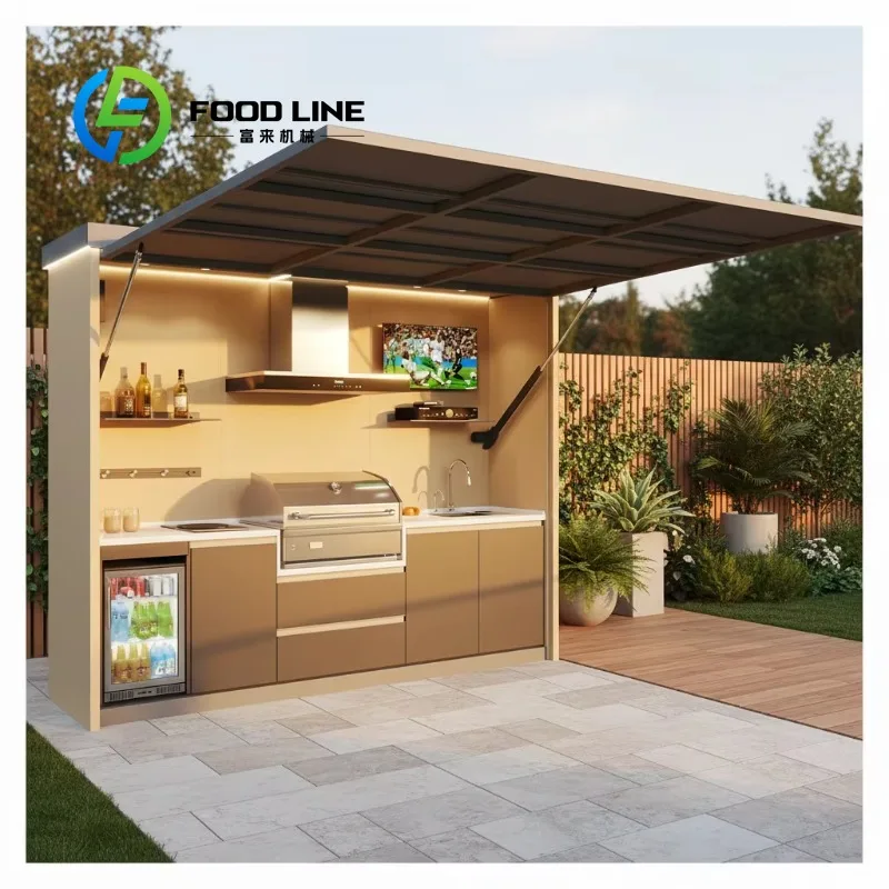 Custom Modern Durable Modular Stainless Steel Outdoor Kitchen with Powerful BBQ Grill Stove and Storage Cabinet Garden Backyard