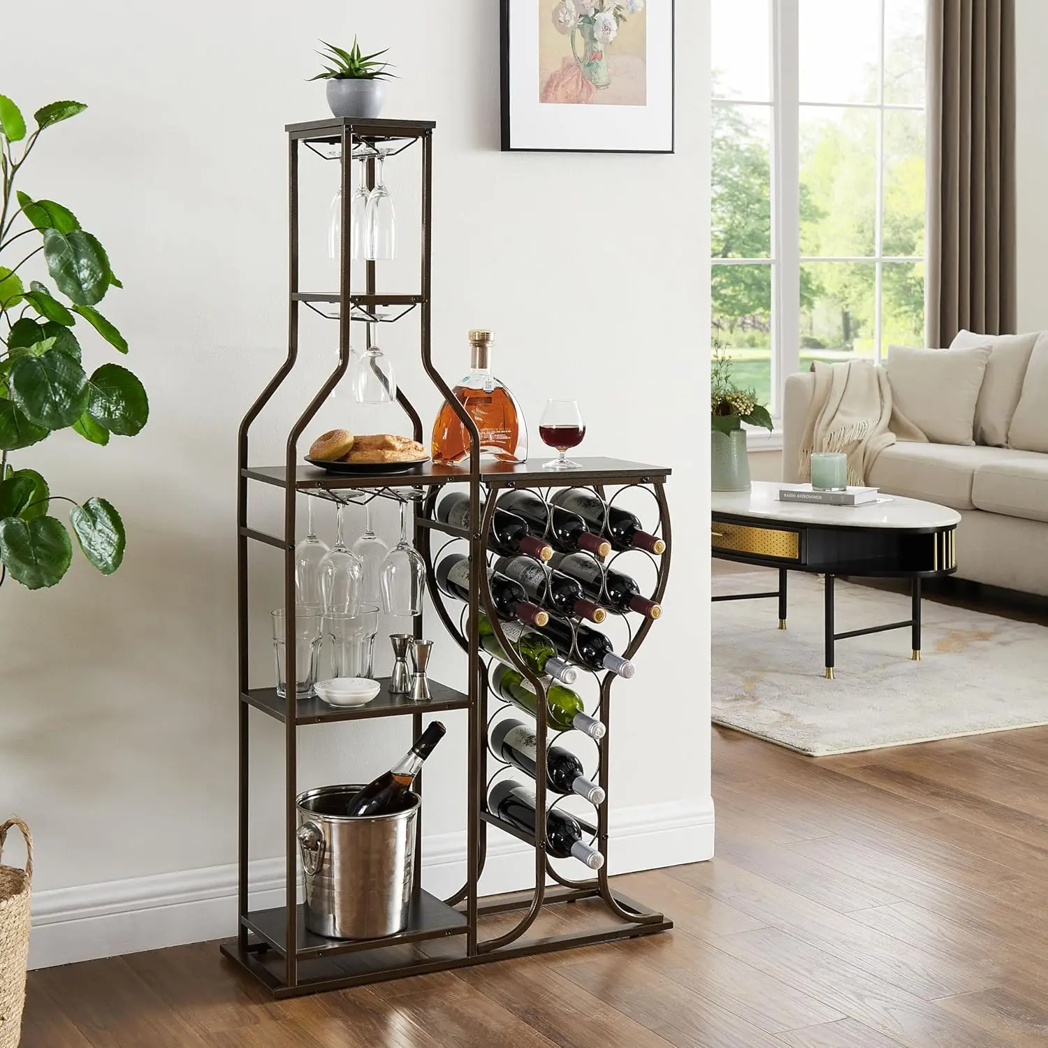 5 Tier Freestanding Wine Rack with Hanging Wine Glass Holder and Organizer, Wine Storage Home Bar