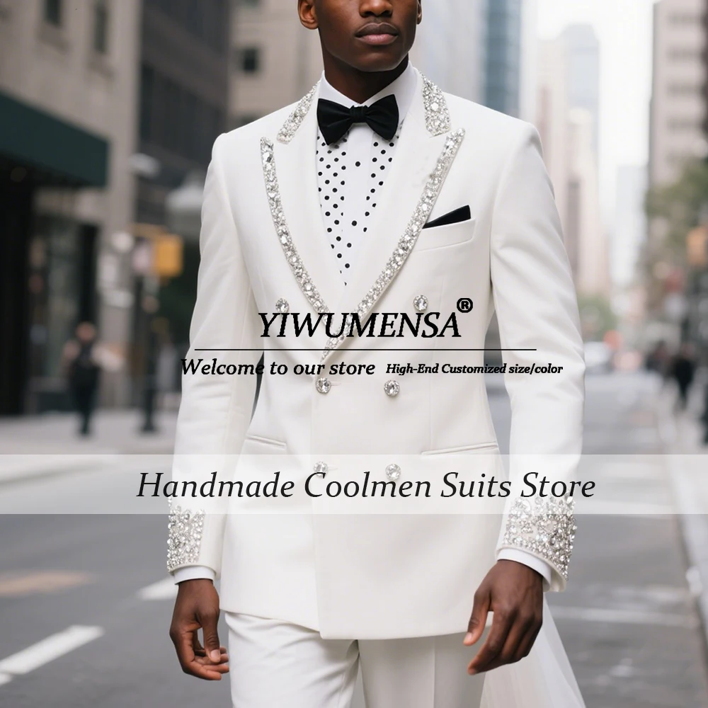 

Glittering Beaded Stones Men Suits Peak Label Wedding Party Outfits Customized Double Breasted Blazer Pants Vestidos De Novia