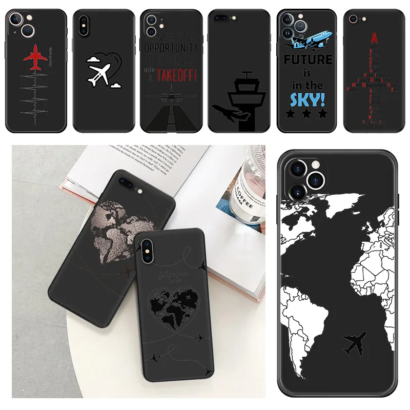 Black Soft Phone Case for Apple iphone 16 15 14 13 12 Mini XS 11 Pro Max XR 7 8 Plus X 16ProMax Airplane World Map Rocket Cover