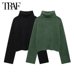 TRAF Women's Sweater Knit Cropped Pullovers 2024 Autumn Long Sleeve Knitted Top Winter Turtleneck Green Black Short Knitwear Top