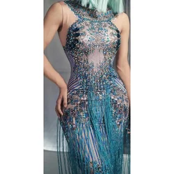 Fashion Crystals Rhinestone Party Long Dress Women Sleeveless Tassel Club Dress Blue Sexy Jazz Singer Dancer Stage Costumes