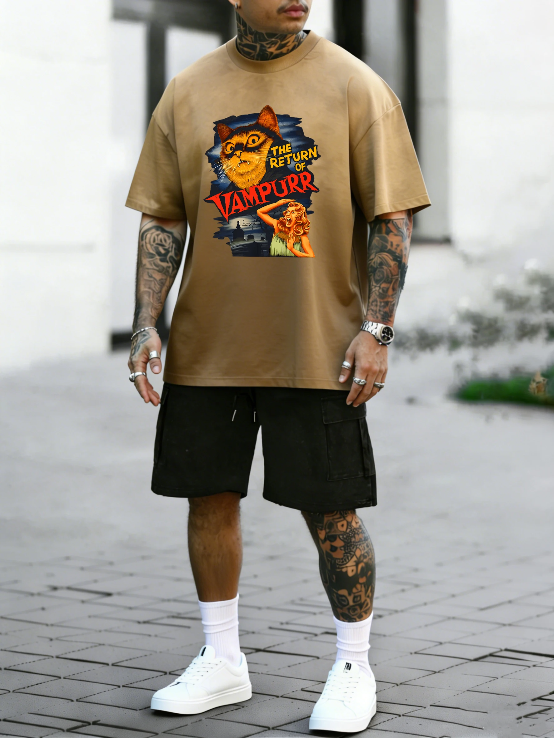 

Новый дышащий летний комплект: мужская футболка с принтом «Возвращение кота» в стиле тай-дай и шорты из хлопка, универсальный топ