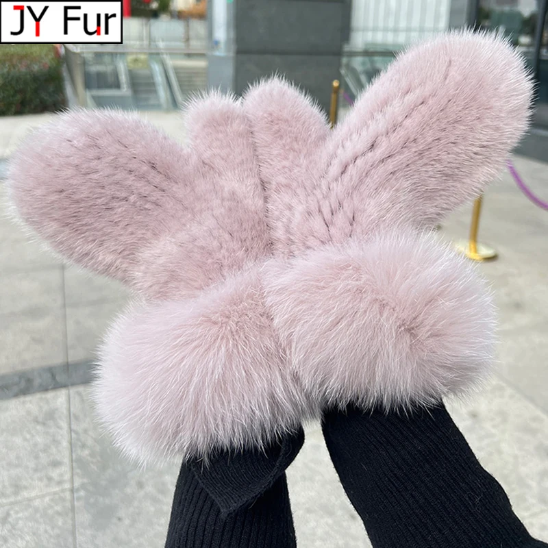 2025 Real Fox Fur The Newest Super Elastic Imported Mink Gloves Winter Warm Gloves Female Halter Mink Knitted Gloves Cute Gloves