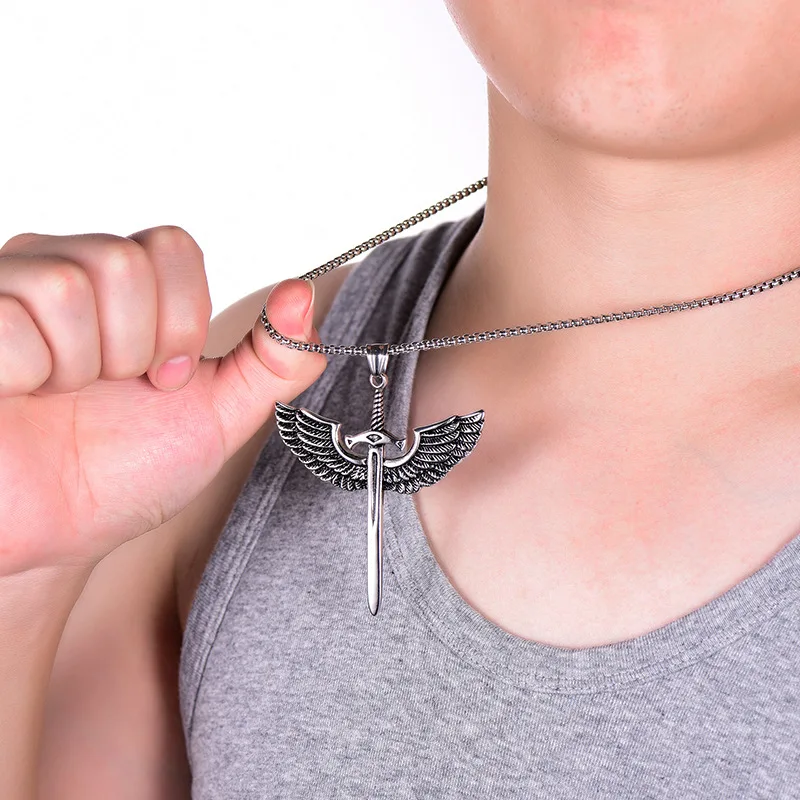 Fashion Trend Creative Men's Necklace Sword Wings Cross Pendant Personalized Jewelry Anniversary Gift for Men