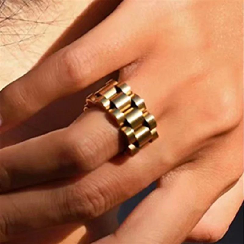1 Pcs Gold Pvd Plated Bold Wide Thick Ring for Women Chunky Link Chain Stainless Steel Strap Finger Rings Jewelry