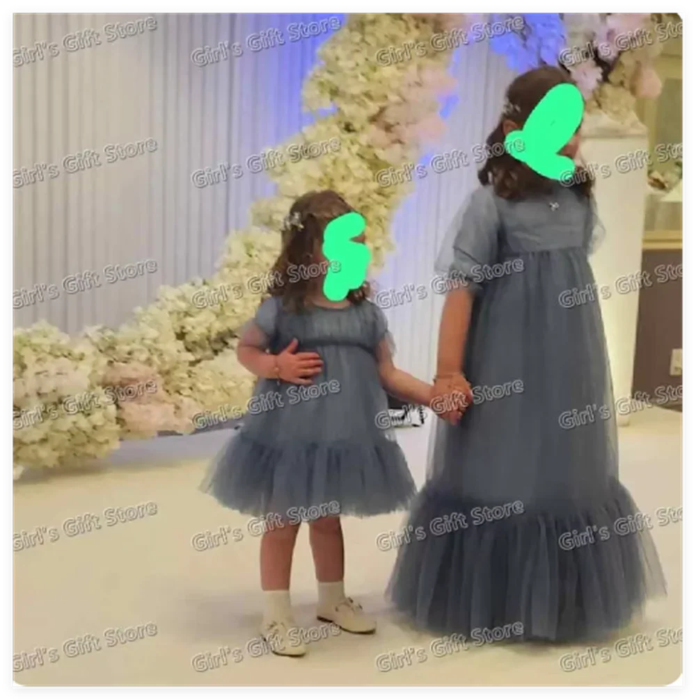 Azul tule em camadas vestidos da menina vestido de baile meia manga para casamento alta pescoço festa aniversário banquete princesa vestidos da menina