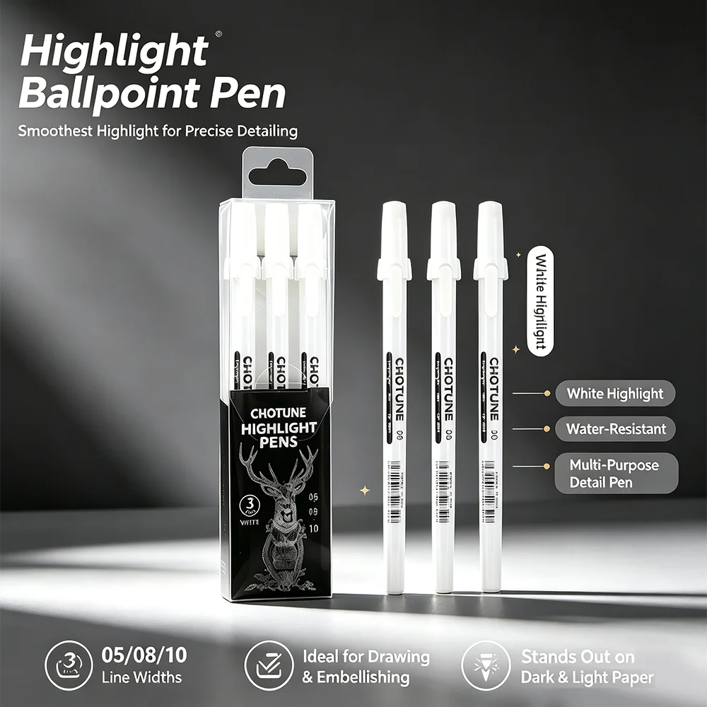 3Pcs/Set Assorted‑Sizes White Gel Pens, Smooth Writing Highlight Gel Pen for Drawing Black Paper DIY Art Stationery Supplies