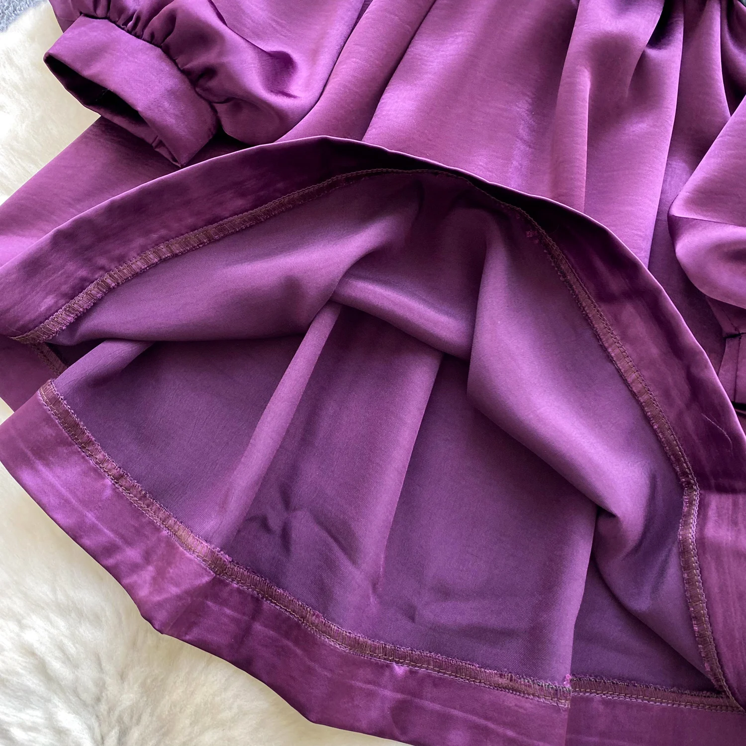 Chique sexy elegante satijnen V-hals ruches met lange mouwen A-lijn fee herfst vestidos deel dameskleding