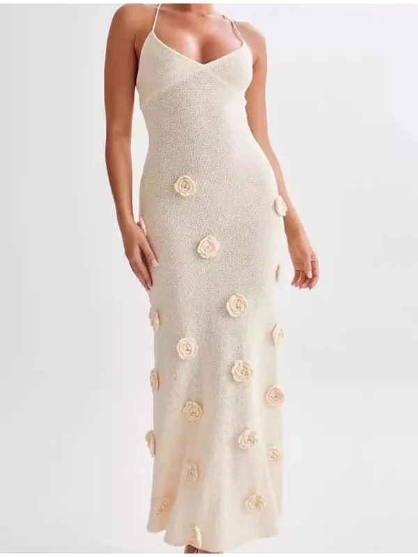 Robe longue à fleurs pour femmes, tenue élégante, dos nu, coupe cintrée, rétro, mode, vacances, décontractée, chic, look plage