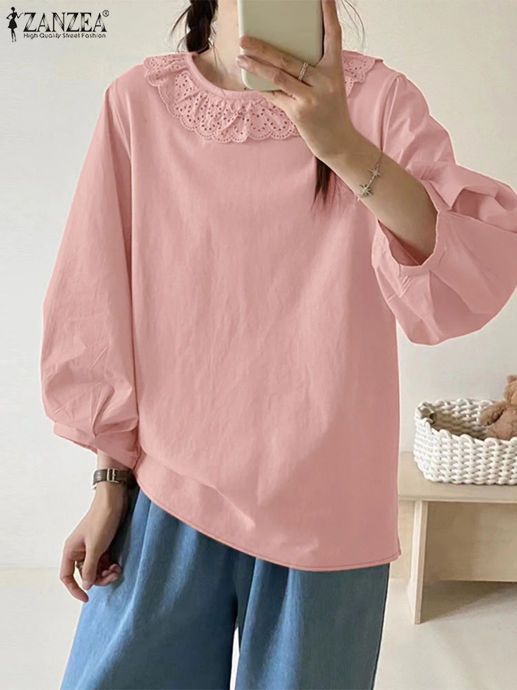 ZANZEA Loose Casual Elegant Smock Tops Solid Color Trendy Lantern Sleeve 2025 Spring Blusas Mujer Lace Trim O Neck Women Blouses