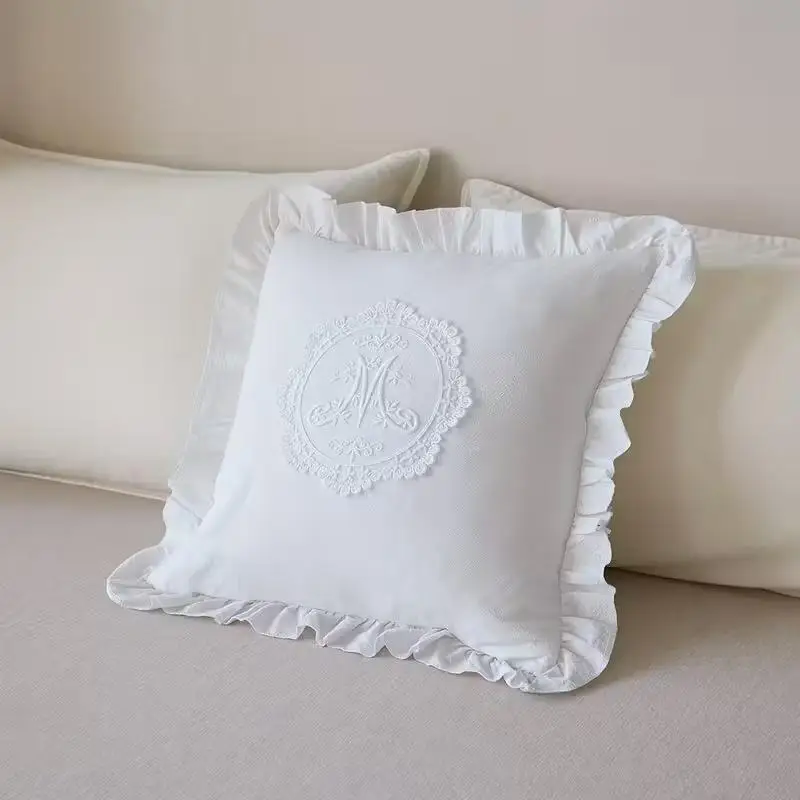 French Lace Lotus Ruffle Pillow Cover Stain-Resistant Washed Soft Fabric Cushion Cover for Bedroom Window Seat