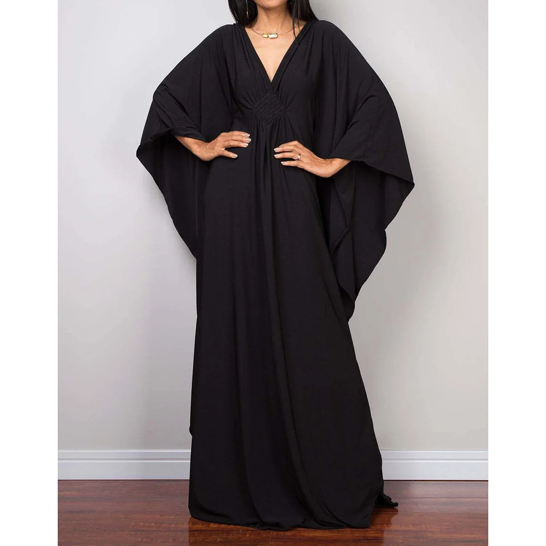 Langes Kleid im Stil einer griechischen Göttin, Tunika mit Fledermausärmeln, Strandkleid, Strandtuch, Strandmode, Kaftan, Maxikleid V4427 – Detail 14