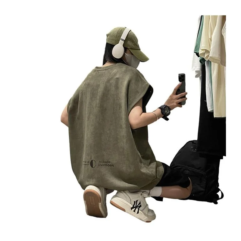 

American Sle Suede Couple Summer Design Casual Sports oulderl Svel T-irt Loose Fit round Ne Sweat Vest