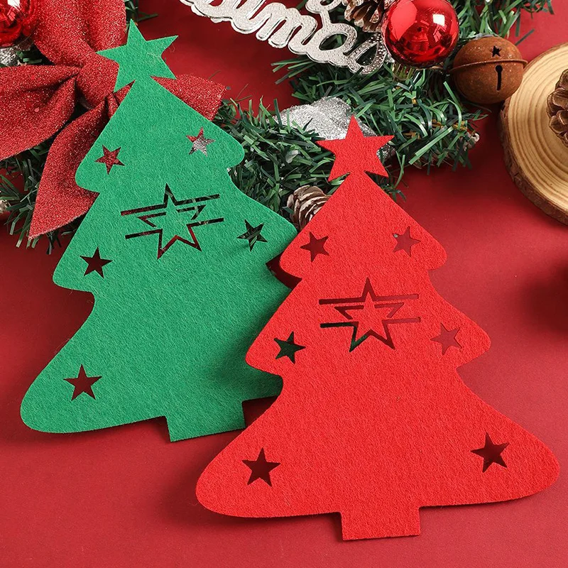 12pcs  Felt Christmas tree knife and fork mat, hollowed out star shaped cutlery mat, Christmas party table decoration