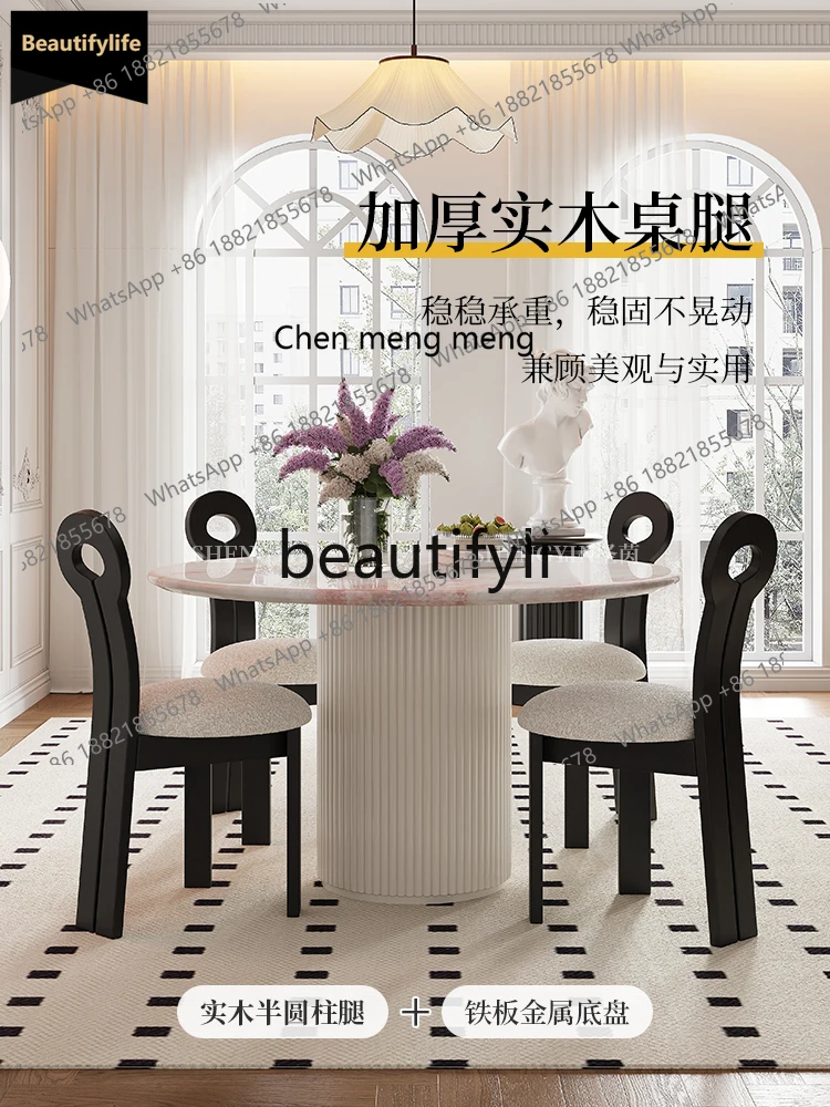 GG Natural Marble Round Dining Table Rose Rainbow French Pink Diamond Luxury Stone Table and Chair Set
