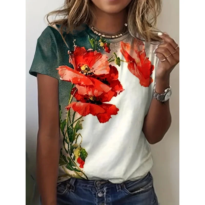 

Women's Summer Round Neck Temperament T-shirt Breathable Short-sleeved Retro Floral Pattern Top Loose Casual Wear Ladies T-shirt