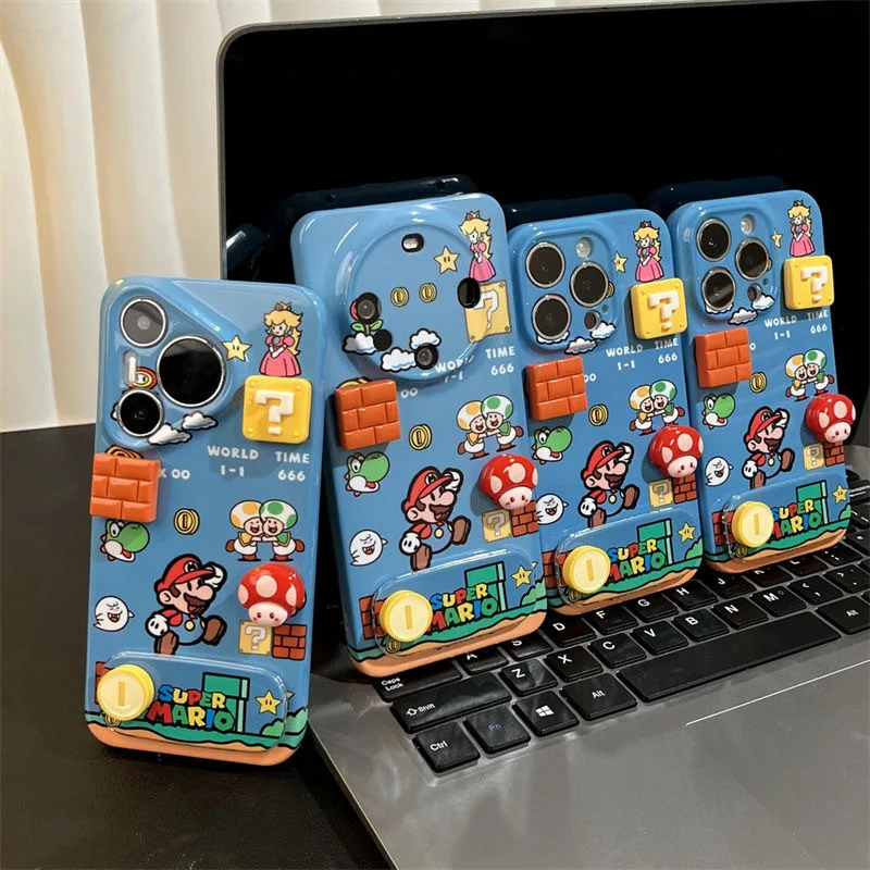 เคสโทรศัพท์ลายซูเปอร์มาริโอ สำหรับ iPhone 15 16 14 13 Pro Max พร้อมขาตั้งในตัว ป้องกันการกระแทก