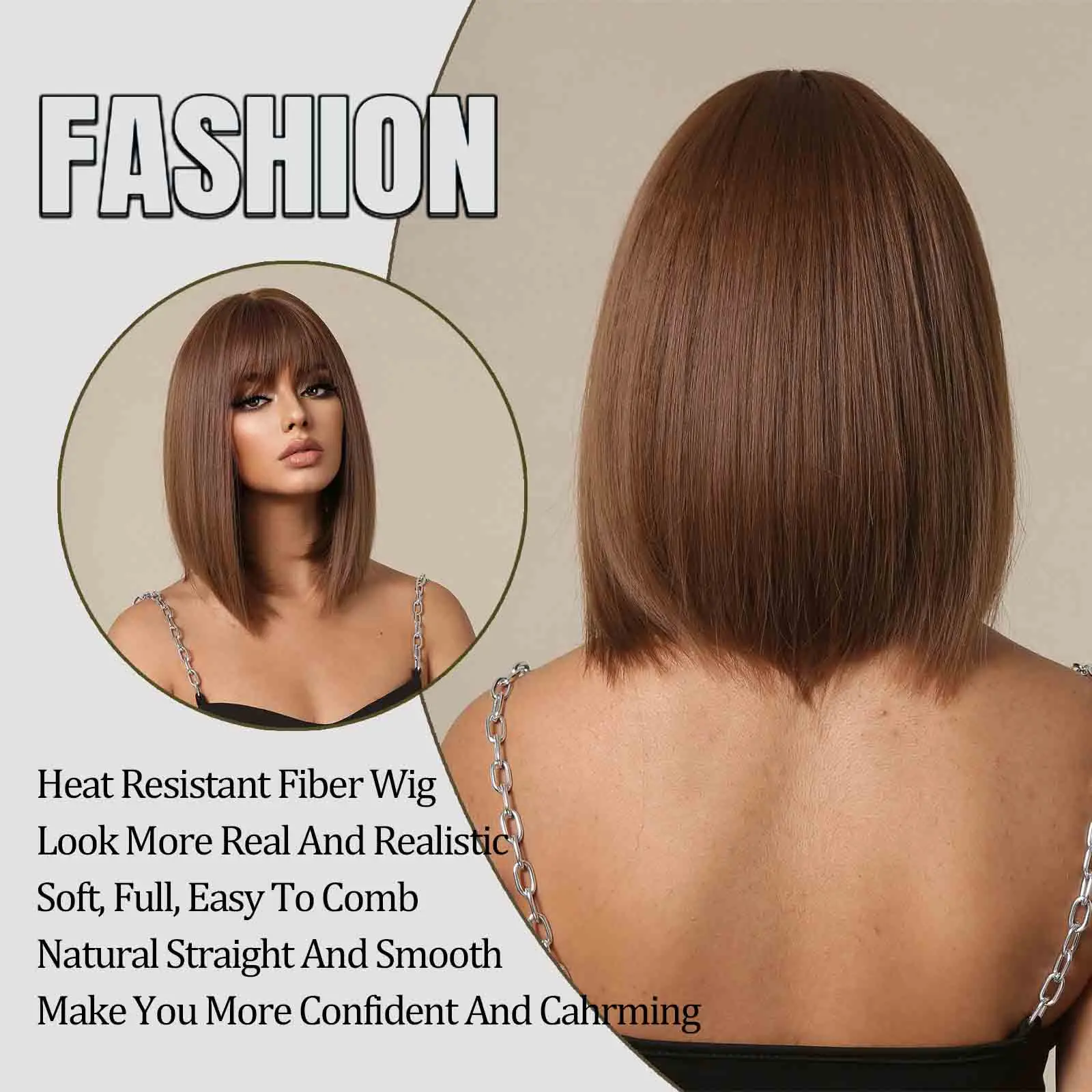 LOUIS FERRE Short Straight Synthetic Wigs for Women Brown Bob Wigs with Bangs Daily Cosplay Medium Length Heat Resistant Hair