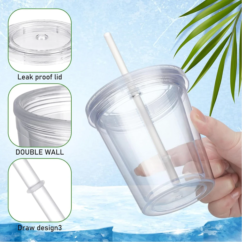 Clear Tumblers with Lid and Straw for Kids 12 oz Insulated Acrylic Double Wall Tumbler Toddlers Reusable Plastic Clear Cup Kids