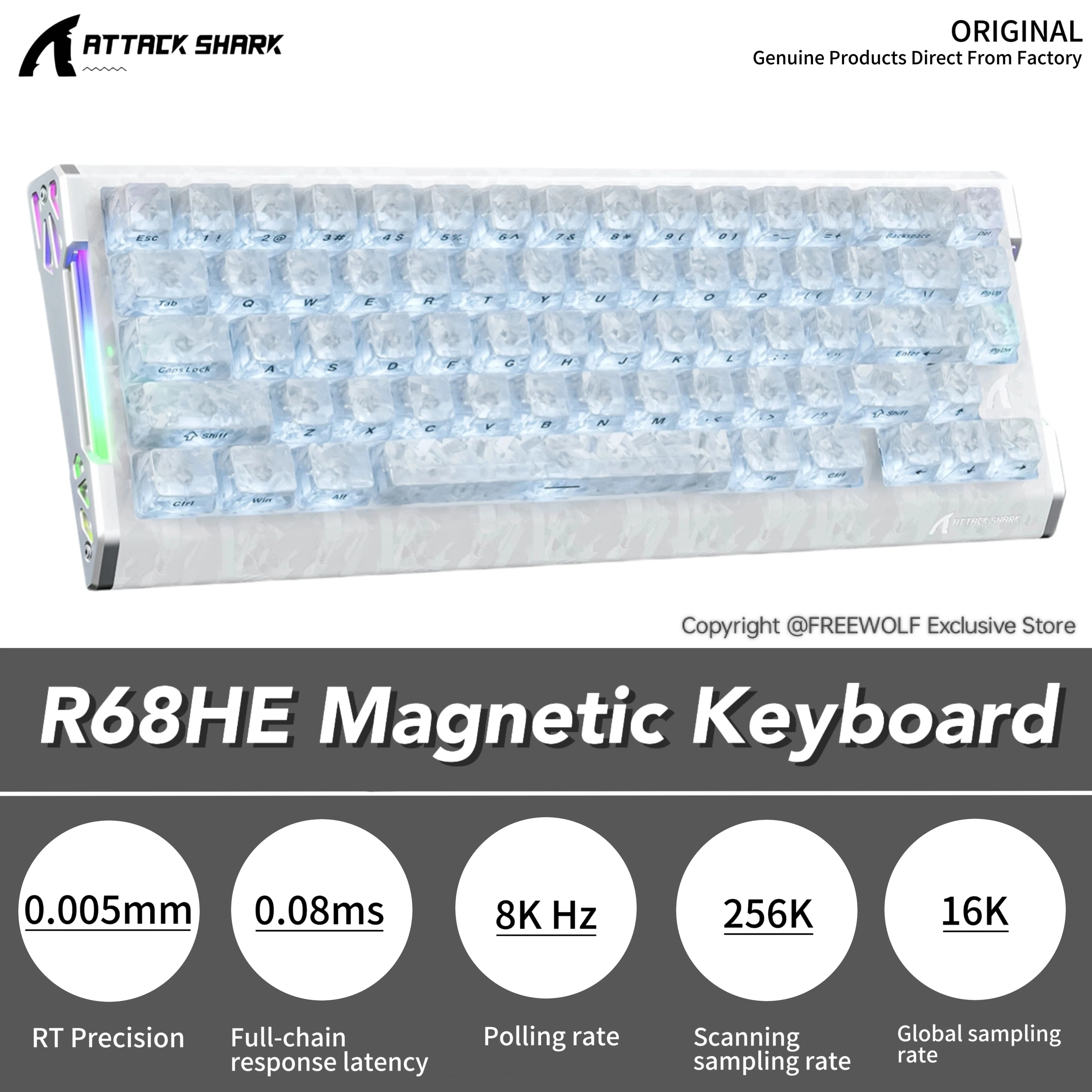 R68HE Attack Shark Wired keyboard 0.005mm RT Precision,8K Hz RGB Carbon Fiber,ABS Transparent Side-Marked Keyboard