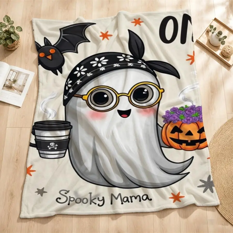 Cozy Spooky Mama Flannel Throw Blanket Suitable for - Use - Cute Coffee & Pumpkin Weighted Blanket, Soft Warm Fleece Bedspread for Couch, Bed, Travel, Machine Washable Gift for &,, Dorm, Contemporary Style, 2D Flat