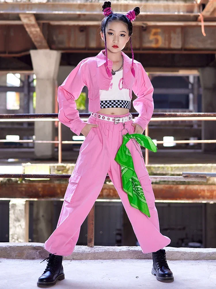 Roze Kpop Outfit Voor Meisjes Jazz Dance Performance Kostuum Hiphop Kleding Kids Concert Modern Dance Kleding Rave Wear Bl9661