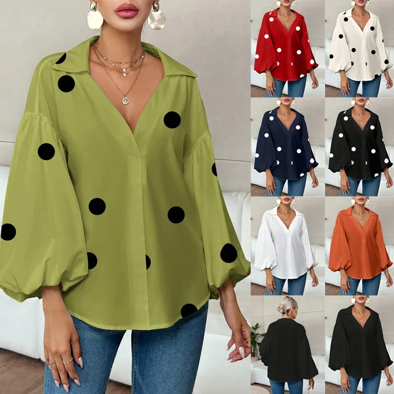 

New niche fashionable French polka dot semi open collar design loose bubble long sleeved top