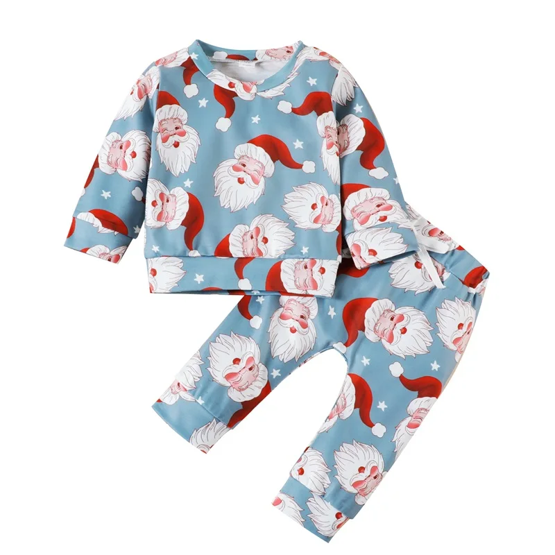 Toddler Girl Boy Christmas Outfits Santa Claus Print Long Sleeve Crew Neck Sweatshirt with Long Pants Set