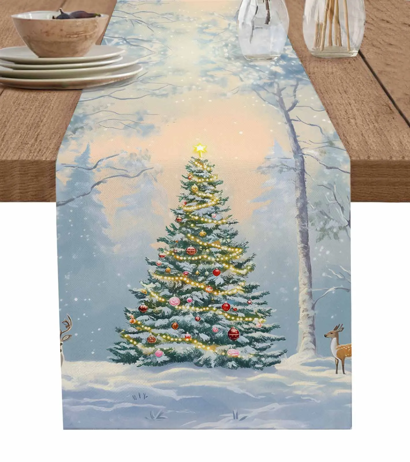 Winter Christmas Tree Reindeer Table Runner Cotton Linen Wedding Table Decor Tablecloth Kitchen Decor Table Runner