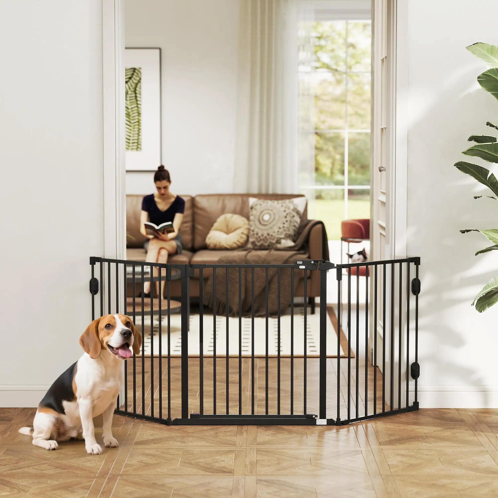Filet pour chien 3 canaux noir 202,5x2x76 cm, pliable, avec double verrou de sécurité et porte automatique pour escaliers et couloir