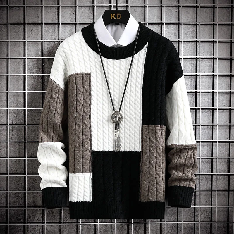 Men Harajuku Sweater Fashion Knitted Hip Hop Streetwear Color Matching Pullover Oversized Casual O-Neck Men Vintage Sweaters