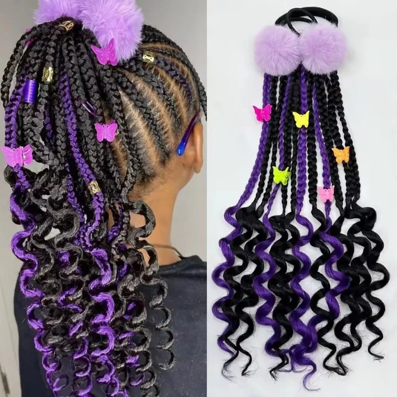 New arrival kids knotless braids with butterfly clips and furry hair ball highlight purple color 14inch box braids curly ends