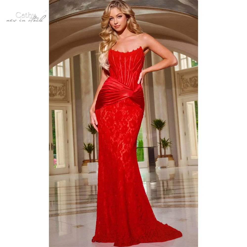

Cathy Customized Red Flowers Sheath Pleats Prom Dresses Strapless Sleeveless vestidos de noiva Floor-Length Formal Evening Dress