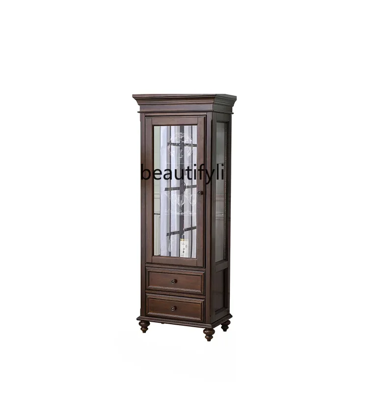 

American Country Light Luxury All Solid Wood Wall Sideboard Cabinet Simple Living Room Glass Storage Display Clothes Closet