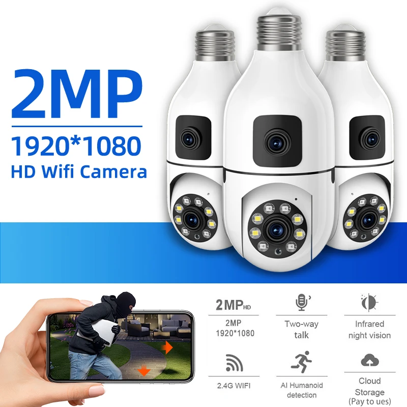 2mp Dual Lens Wifi Camera Security With E27 Connector Full Color Night Mobile Tracking Ip Cctv Camera Security