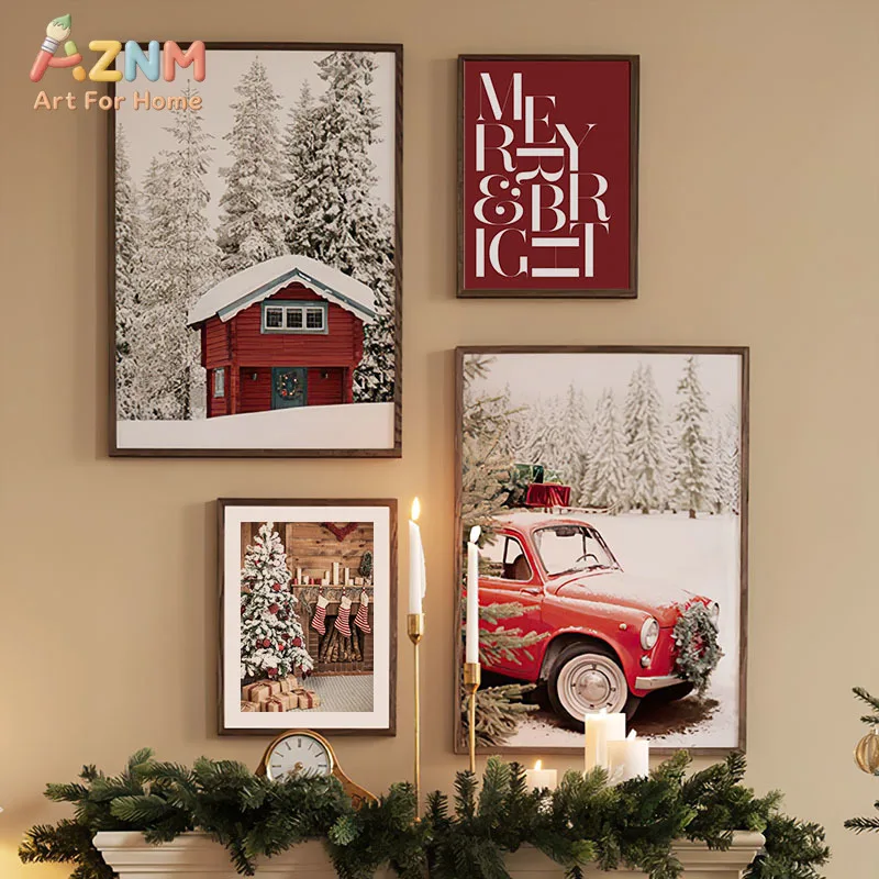 Winter Snow Red Car House Gift Wall Art Canvas Painting Nordic Christmas Tree Posters Prints Pictures For Living Room Home Decor