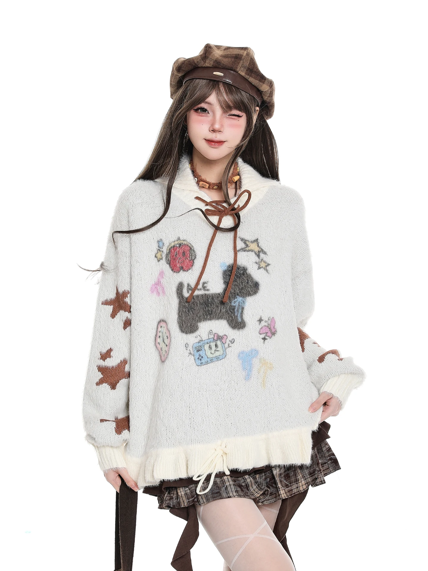 

Мягкий вязаный топ оверсайз с милым ретро-мультяшным дизайном для женщин, осенне-зимний, свободный, с длинными рукавами